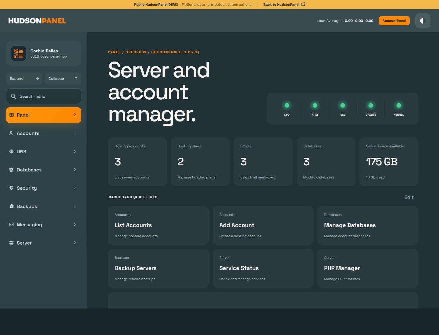 HudsonPanel AdminPanel demo showing server health, hosting accounts, plans, and administrative tools